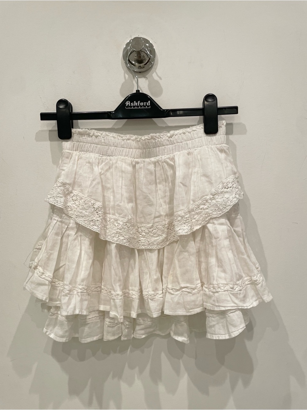 LoveShackFancy White Tiered Eyelet Mini Skirt